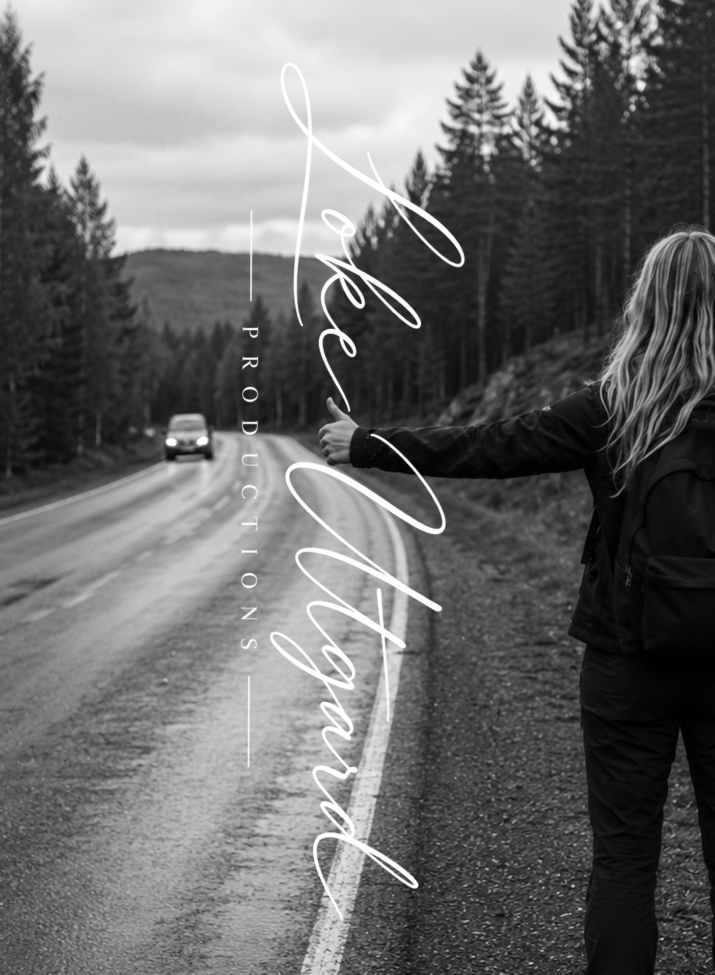A traveller hitchhiking along a Scandinavian forest road